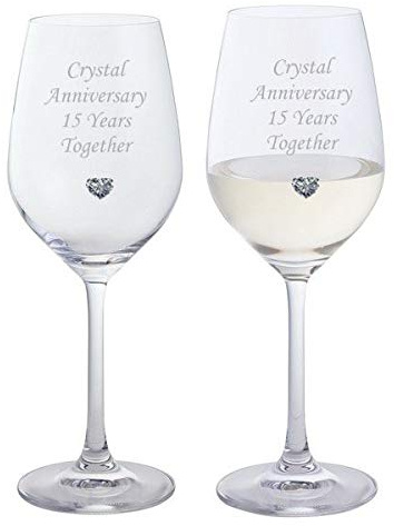 Chichi Gifts 2 Crystal Anniversary 15 Years Together Pair of Dartington Crystal Wine Glasses with Crystal Heart Gem