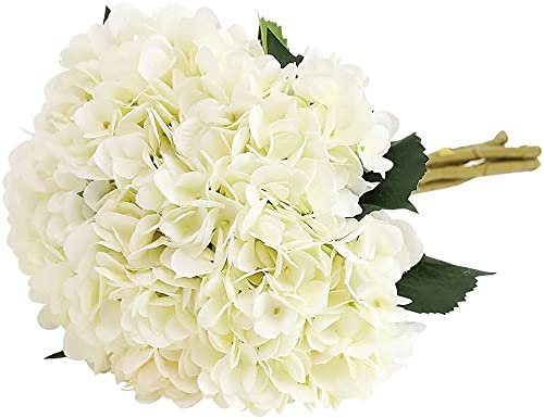 Tifuly Artificial Hydrangea Flower, 5 PCS Realistic Single Long Stem Silk 6.6 Inch Flower Head Hydrangea Bouquets for Wedding, Home, Hotel, Party Decoration, Floral Arrangement(White)