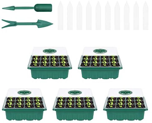 flintronic Mini Serre pour Plantes, 5 Pièces 60 Cellules Cellules Intérieure Plateau Semis avec couvercles rehaussés, Bac à semis Pépinière Boîte de Culture - avec 10 étiquettes, 2 Outils