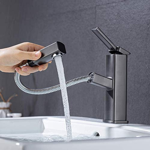 KAIYING Waschtischarmatur mit Herausziehbarer Spritze, Mischbatterie Waschbecken für Heißes und Kaltes Wasser, Ausziehbarer Wasserhahn Bad mit Drehbarem Auslauf (Grau)
