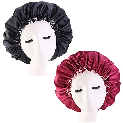 2 Stück Sanft Satin Seide Schlafmütze Haube Kordelzug Schlaf Kappe Verstellbarer Nacht Schlaf Hut Haar Turban für Damen Mädchen Schlafen ，Schwarz + Weinrot