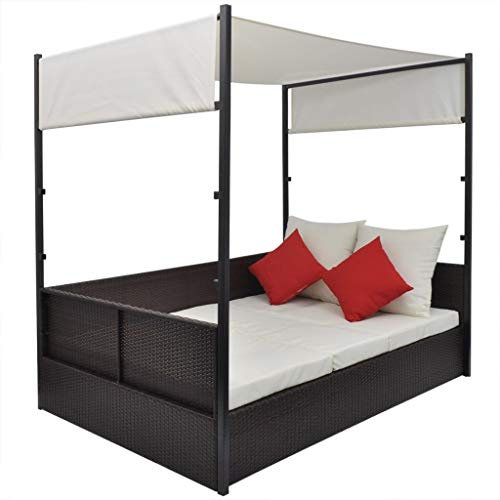 Ksodgun Gartenbett mit Baldachin Sonnenliege Sonneninsel Tagesbett Outdoor Garten - Braun 190×130 cm Poly Rattan