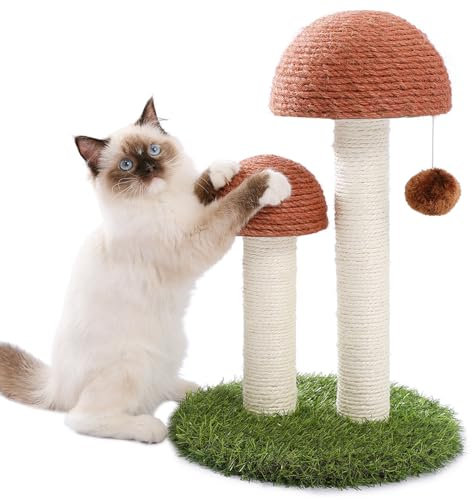 PETEPELA Cat Scratching Post, Mushroom Tall Cat Scratcher Featuring with Natural Sisal Scratching Poles and Interactive Toy Ball for Kittens and Small Cats (Brown)