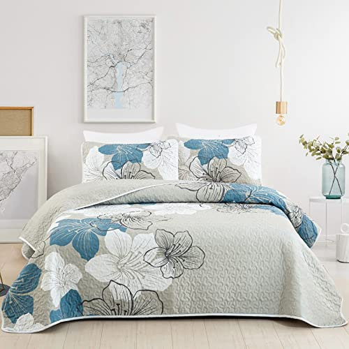 DJY 3 Pieces Quilt Set King Blue Floral Pattern Quilt Coverlet Elegant Bohemian Bedspread with 2 Pillow Shams Soft Lightweight Bedding Quilt Set for Adults (Blue, 104x90)