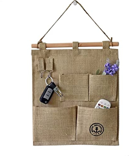 Disgead Jute Hängeorganizer,Wand Organizer,Hängeorganizer Tür Wand Organizer, Hängende Tasche für Buch, Magazin, Kopfhörer (5 Taschen), Gelb