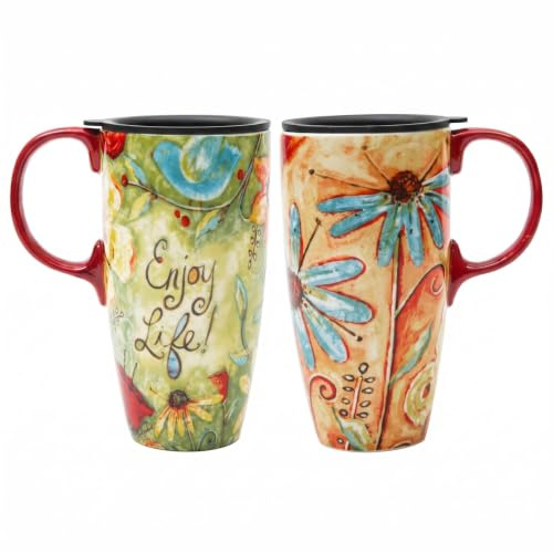 Topadorn Ceramic Travel Mug 17oz 2 Pack Set with Lid & Gift Box, Enjoy Life | Microwave & Dishwasher Safe, Fits Car Cup Holders, Large 500ml Capacity, Natural Coffee Taste, Ideal for Home and Office Use