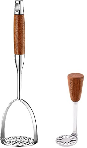 UPTALY 2 Stück Kartoffelstampfer aus Edelstahl mit Holzgriff (1 groß + 1 klein), dicker Knoblauchzerkleinererer, großer Avocadostampfer zum Pressen von Karotten, Bananen, Bohnen, Kürbis, Früchten