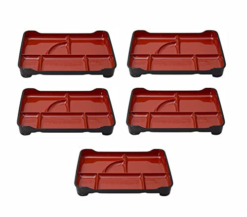 JapanBargain 1590, Lot de 5 boîtes à bento japonaises traditionnelles en plastique laqué 6 compartiments pour restaurant ou maison, couleur rouge et noir, 35,6 x 23,5 cm, fabriquées au Japon