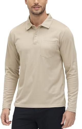 Rdruko Mens Long Sleeve Golf Polo Shirts with Chest Pocket | Button Neck Polos Breathable Quick Dry Smart Casual Tops Outdoor Stretch Fit Work Hiking Camping Tennis T Shirt