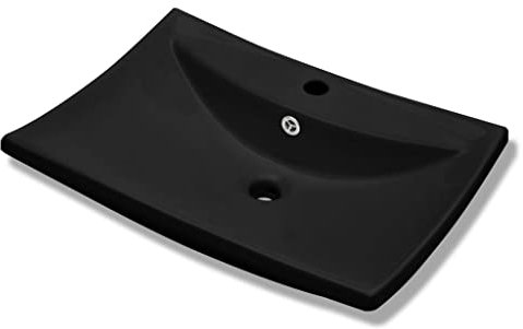 Waschbecken Waschtisch 60 x 44 cm aus Keramik, mit Überlaufschutz und Wasserhahnloch, Schwarz Aufsatzbecken Aufsatzwaschbecken Handwaschbecken Aufsatzwaschtisch Spülbecken Becken Waschschale