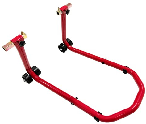 Cavalletto Alza Moto Paddock Garage anteriore regolabile per moto con attacchi a cono colore rosso e coppia ruote