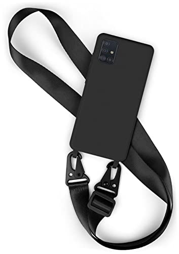 moex Hover Cover für Samsung Galaxy A51 Handyhülle zum Umhängen mit Band, Hülle mit Handykette abnehmbar, Handyband & Karabiner Lanyard Soft Case mit Verstellbarer Kette, Schwarz