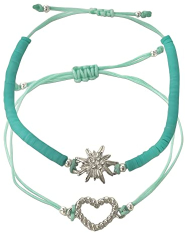 Alpenflüstern Heishi Perlen Trachten-Armband Set Strass-Edelweiss und Herz - Damen-Trachtenschmuck mit Trachten-Herz silber-farben, verstellbare Armketten (in traditionellen Farben) DAB079