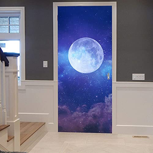 Türfolie Türtapete Türposter Selbstklebend 3D Fototapete Klebefolie Tür Mit Motiv Türaufkleber Kinderzimmer Mond Stern Blauer Sternenhimmel 80 X 200 Cm