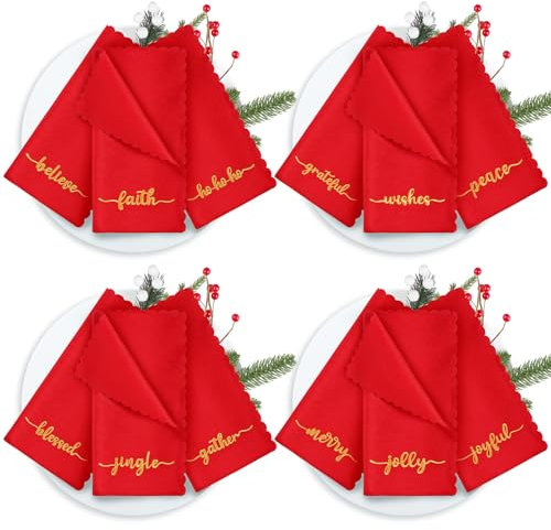 Sliner Weihnachtliche Stoffservietten, 43,2 x 43,2 cm, bestickt, saisonale Sprüche, Abendessen, Stoffservietten, waschbar, Wünsche, dankbar, gesegnet, Frohe Weihnachten, Servietten für Urlaub, Küche,