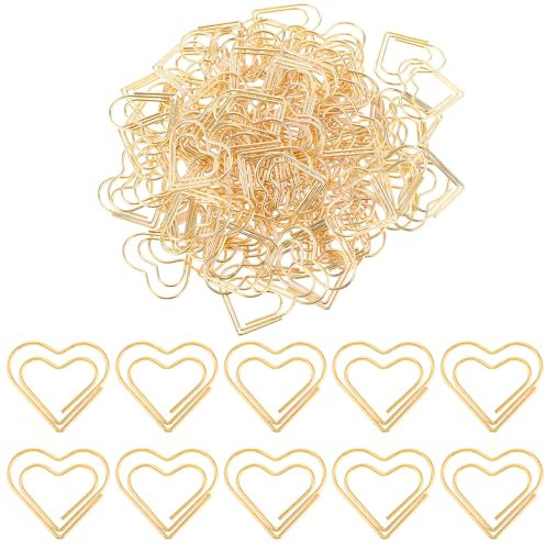 Mabor Lot de 100 mini trombones dorés en forme de cœur pour trier des documents, des notes, des trombones en métal pour mariage, école, maison