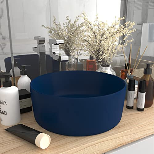CIADAZ Luxuriöses Waschbecken, Aufsatzwaschbecken, Waschtisch, Aufsatzwaschtisch, Wash Basin, Badmöbel, Bathroom Sink, Rund Matt Dunkelblau 40x15 cm Keramik