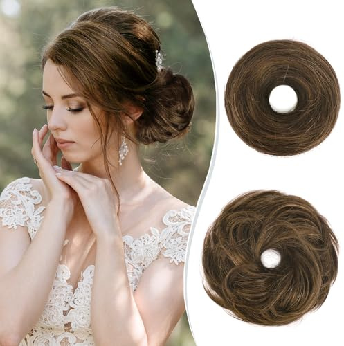 RUWISS Haarteil Lang Dünn Glattes Tousled Updo Bun Rea Echthaar Elegante Haarteile Haargummi Lang Scrunchie Verlängerungfür Damen,25g,Braun gemischt