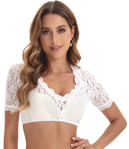 Adisno Dirndl blus dam, Dirndlblus spets, Dirndl-blus, Dirndlblus, Dirndlblus har en elegant V-ringad och sexig spets, Vit, 44