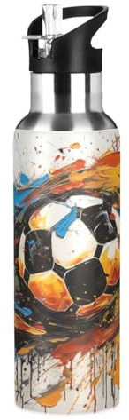 Wzzzsun Kunstsport Fußball Fußball Trinkflasche Wasserflasche mit Strohhalm für Sport, 600ML Thermosflasche BPA-frei Isolierflasche Edelstahl 18/8 für Kinder Wandern Schule