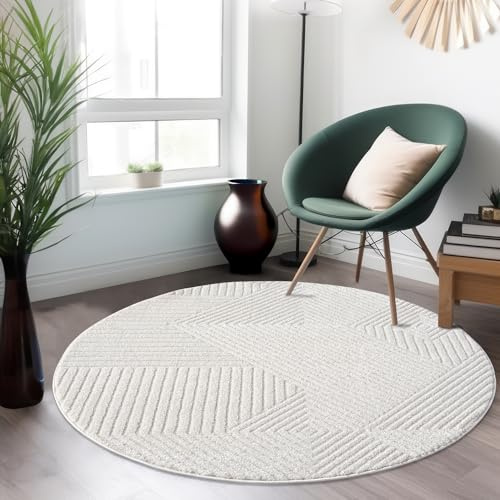 payé Teppich Rund 200x200cm - Creme Geometrische Muster Boho Design Flachflor Hochtief Struktur Bodenbelag Deko