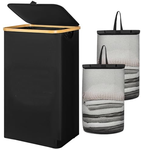 Chrislley 70 L Slim Laundry Basket with Lid, Foldable Laundry Hamper with 2 Removable Inner Bags & Bamboo Handles, Tall Thin Narrow Laundry Basket for Dirty Clothes