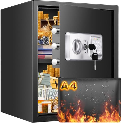Mejasg Large Fireproof Safe for Home with A4 Fireproof Bag and Removable Shelf, 52L Anti-Theft Home Safe Box with Alarm and Silent Mode, Security Digital Fire Safes for Money Jewelry A4 Document