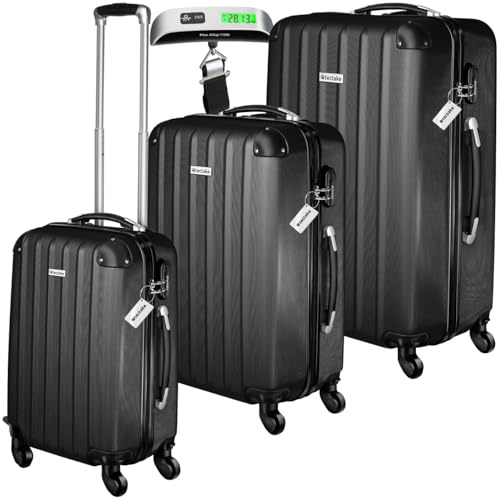 tectake® 3er Kofferset mit Kofferwaage & Kofferanhänger, Reisekoffer Set, ABS Hartschalenkoffer Set, Trolley Kofferset, Reisetasche mit Rollen, Gepäck, Koffer Set M-L-XL, Teleskopgriff - schwarz