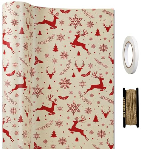 FullJoyHut 43cm x 15M Weihnachtsgeschenkpapier, Geschenkpapier Weihnachten Rollen Kraftpapier Weihnachtspapier Rollen für Xmas Weihnachten Geschenkverpackung