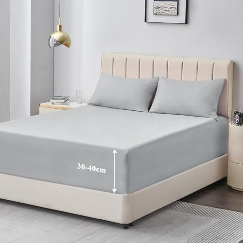 Aisbo Single Fitted Sheet Grey - Extra Deep Pocket Bed Sheet 16 inch 40 cm - Microfiber Bottom Sheet, 90x190cm