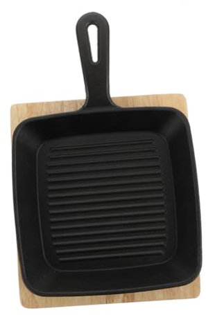 Alipis Padella Quadrata in Ghisa Nera con Base in Legno per Cottura