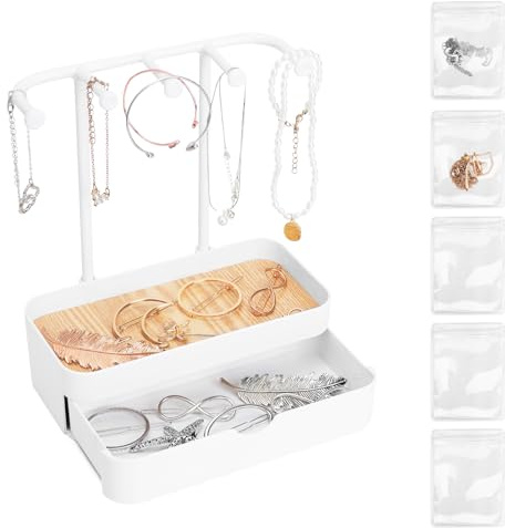 SHILIPAIJC Smyckesställ litet med 5 smyckespåsar, dubbla lager smyckeshållare med bottenbricka, örhängeshållare smyckesförvaring för halsband, armband, armringar, ringar, klockor, parfym (vit)