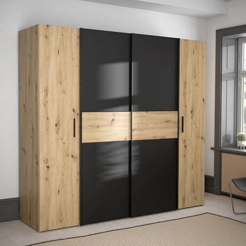 Forte KAPAZA Industrial Kleiderschrank 200, Dreh- und Schwebetürenschrank mit Einlegeböden, Holzwerkstoff, Artisan Eiche Dekor mit Schwarz, 200,1 cm breit, 190,5 cm hoch, 61,2 cm tief