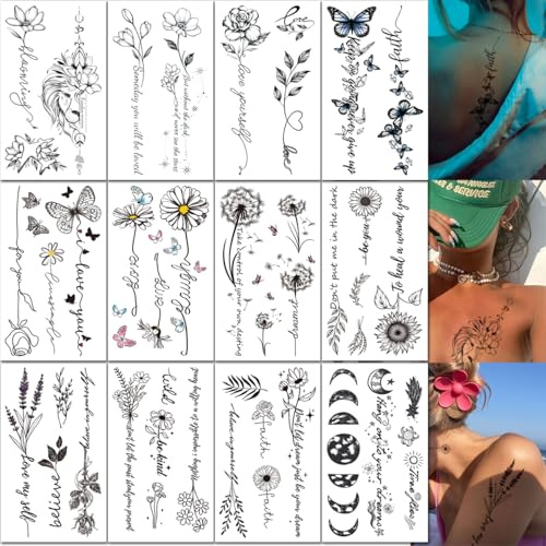 CHARLNET Tatouages ​​Temporaires Avec Mots Floraux Pour Femmes et Filles - Tatouages ​​Temporaires Noirs Réalistes et Sexy, Longue Durée et Imperméables, Pour le Corps, Le Bras et le Dos