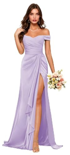Vestido de dama de honor de satén con hombros descubiertos para mujer, con abertura alta, fruncido, formal, vestido de graduación, Lila, 40