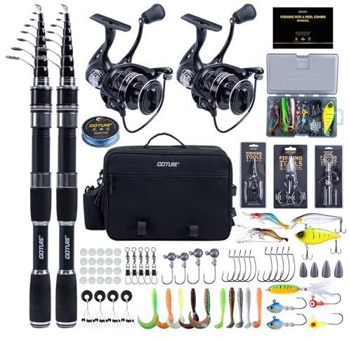 Goture Angelset mit 2 Teleskop-Angelruten, 1,8m Angelrute Set Komplett 2 5.2:1 Spinnrolle (9+1 Bearing), Schnur, Köderbox & Tragetasche – für Salz-/Süßwasser, Reisen–Angelgeschenk
