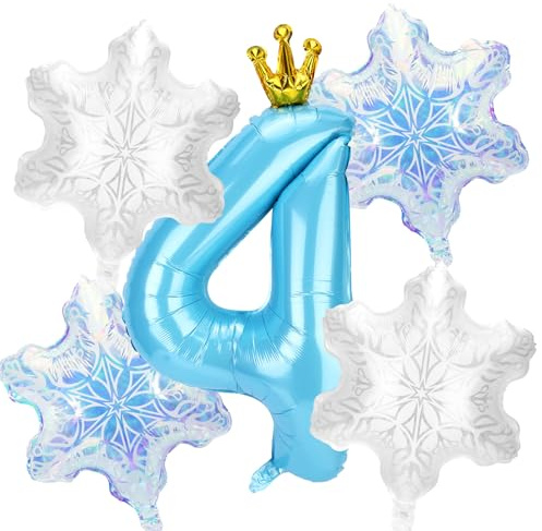 5stk Schneeballon-Dekorationen Geburtstagspartys, Blaue Zahlen und 4stk Schneeflockenballons Dekorationen und Gastgeschenke für Geburtstagspartys Winterwunderland Blaue Prinzessin(Nummer 4)
