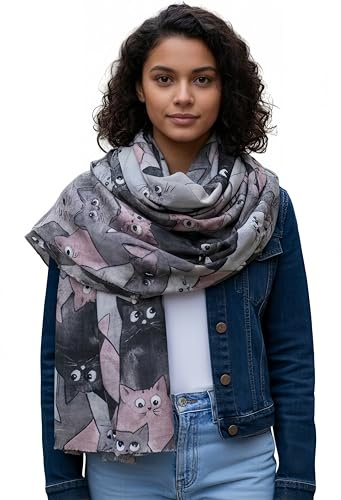 Walniverse Kuscheliger Damenschal mit charmantem Katzenmotiv | 200x70cm Schultertuch für Winter, Herbst und Frühling, 220g, Geschenke für Frauen und Katzenliebhaber