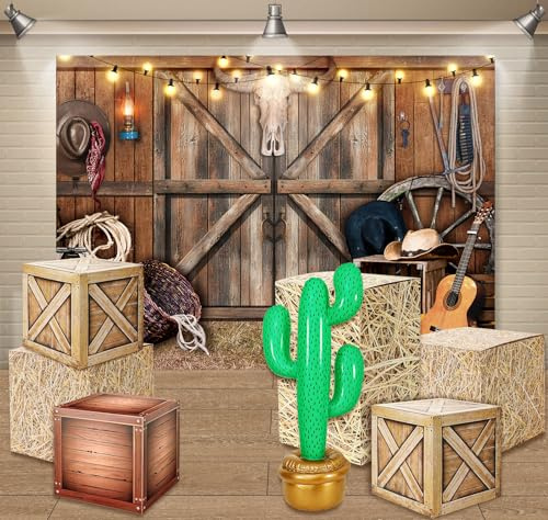 JarThenaAMCS Western Cowboy Party Decorations Hay Bales Straw Boxes Inflatable Cactus Large Backdrop Banner Background Photo Props for Birthday Baby Shower