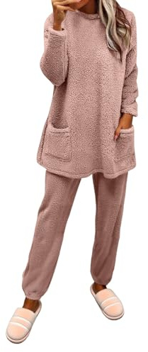 Generisch Pijama de franela largo para mujer, conjunto de pijama de dos piezas, traje de casa de felpa esponjosa, invierno, cuello redondo, suéter de manga larga, ropa de dormir térmica, conjunto de