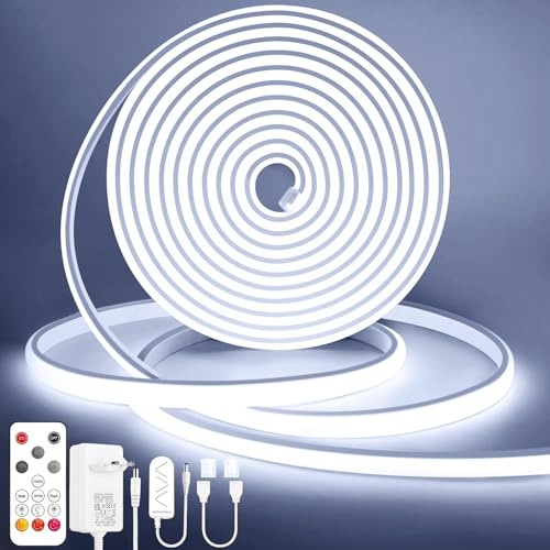 Lamomo COB LED Streifen 10M, Weiß Dimmbar Neon Led Leiste, Wasserdicht 6000K Led Strip mit Fernbedienung Schnellverbindern, Silikon Flexibel Band für Schlafzimmer Innen Außen Küche Deko, CRI90+