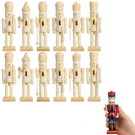 Veemoon Wooden Nutcrackers Unpainted, 12pcs Christmas Wooden Nutcrackers Unpainted Ornaments DIY Soldier Figures Creative Craft Decorations Christmas DIY Figures for Xmas Arts Project