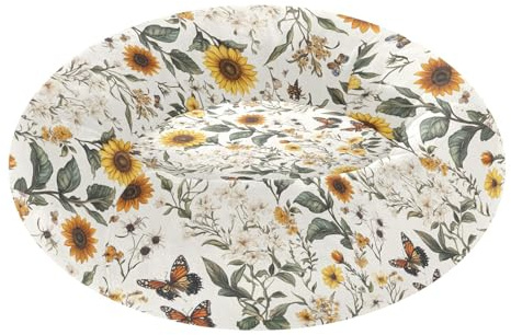 Hundebett, Donut-Kuschelbett, flauschig, für mittelgroße Haustiere, zum Schlafen, S, Blumen, Sonnenblumen, Hyazinthen, Schmetterlinge, Weiß