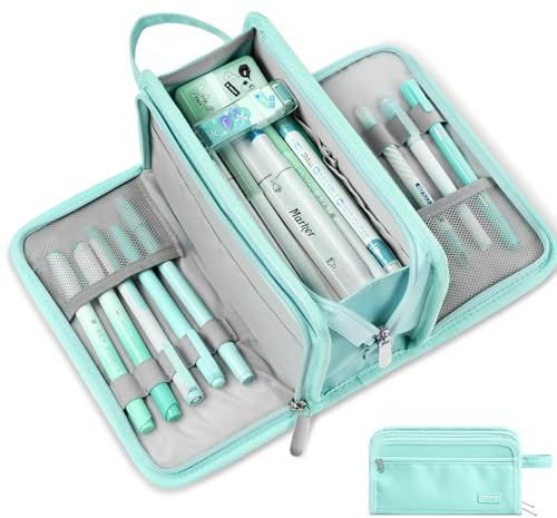 Sooez Large Pencil Case, Big Capacity Pencil Pouch Pen Bag with 3 Compartment, Portable Canvas Stationery Organizer with Zipper, Cute Aesthetic School Supplies for Teen Girls, Celadon