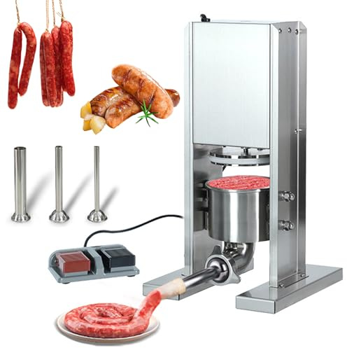 Relleno eléctrico de salchichas – Relleno vertical automático de carne, capacidad de 2 litros, construcción de acero inoxidable, incluye 3 tubos de relleno y pedal de pie, ideal para uso doméstico y