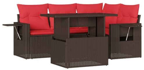 QJBSAVVA Polyrattan Gartenmöbel Set 5-teilig Lounge Set Garten mit höhenverstellbarem Tisch und Kissen Braun Rattan Sofa für Terrasse Balkon und Garten