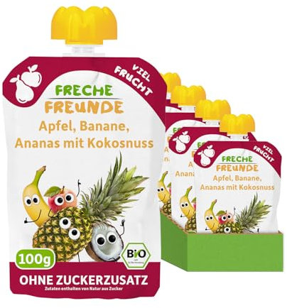 FRECHE FREUNDE Bio Quetschie Apfel, Banane, Ananas mit Kokosnuss, Fruchtmus mit Obst im Quetschbeutel für Babys ab dem 6. Monat, vegan, 6er Pack (6 x 100g)