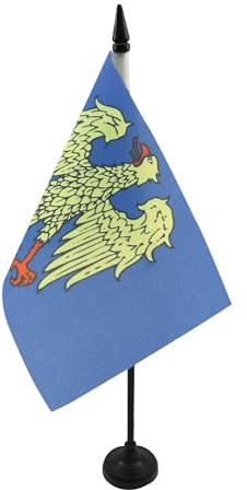 AZ FLAG Drapeau de Table Frioul-Vénétie julienne 21x14 cm Socle Plastique | Usage intérieur Drapeau de bureau de la région du Friuli Friuli-Venezia Giulia finition cousue et bords renforcés