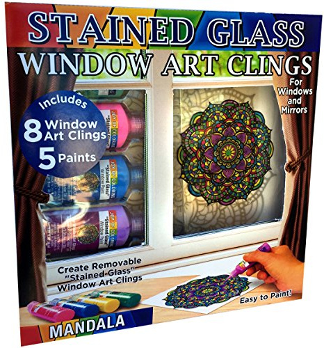 ZORBITZ Joy of Coloring Stained Glass Window Art Clings DIY Kit,8 Clings& 5 Paints,4 Gorgeous,Intricate Mandala Designs,Designed Paint,Removable Clings, Sticks to Any Glass Surface,13 Piece Set,(2680)