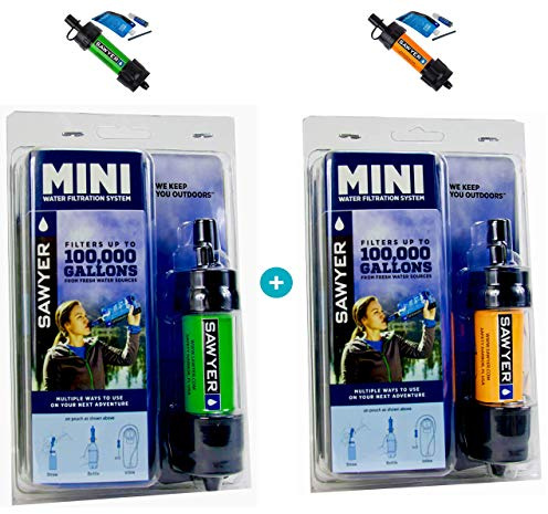 Sawyer Original Mini PointONE Vattenfilter Utomhus Camping Vandring Vattenfilter Set med 2 (Grön & Orange)